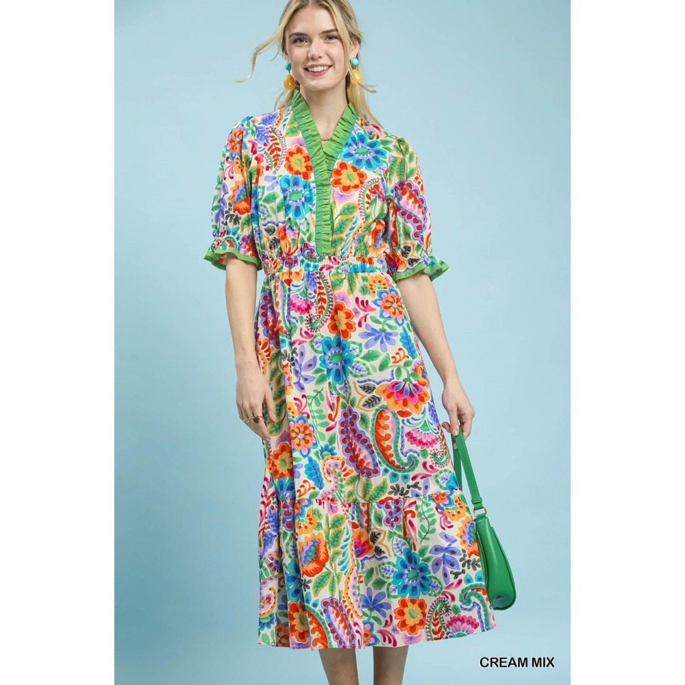 Umgee Mix Floral Midi Dress with Ruffle Trim - Cream Mix - Medium‎